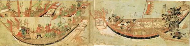 Трое братьев Ояно, взявшие вместе с Такэдзаки Суэнага вражеский корабль на абордаж, вступают в поединок с монгольскими воинами. Фрагмент «Свитка о монгольском вторжении», 1293 год - История в цитатах: «Если ты будешь плакать, то с гор придут монголы…» | Военно-исторический портал Warspot.ru