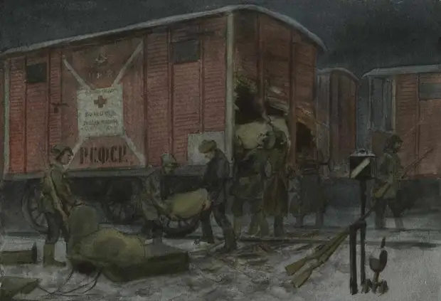 Ночное разграбление вагона с помощью от Красного креста (1922). Автор: Иван Владимиров.