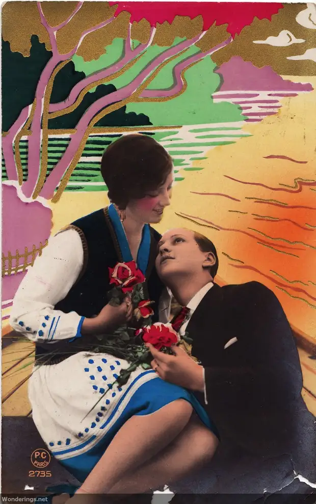 Французские раскрашенные романтические фотооткрытки 1930-х годов.