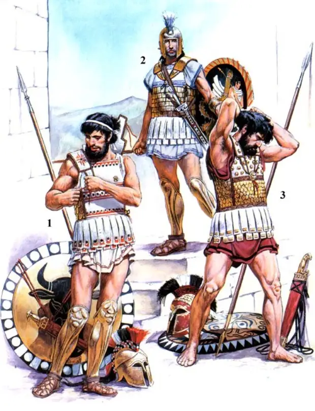 1 - фокейский гоплит (первая половина V в. до н.э.); 2 - гоплит (конец VI в. до н.э.); 3 - афинский гоплит (первая половина V в. до н.э.).