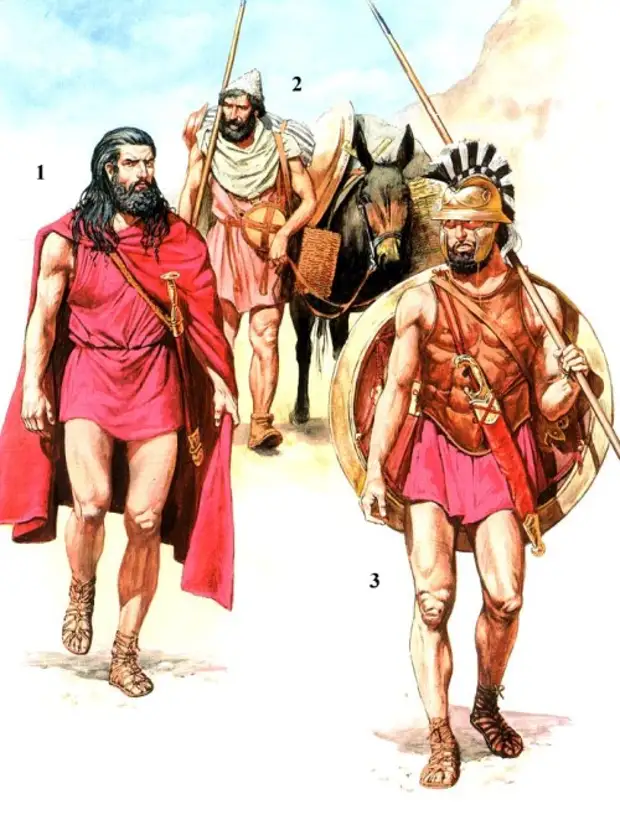 1 - греческий военачальник Ксенофонт (вторая половина V в. до н.э.); 2 - слуга гоплита; 3 - греческий гоплит-наемник Кира Младшего (конец V в. до н.э.).