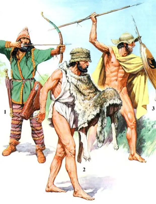 1 - скифский лучник (V в. до н.э.); 2 - легковооруженный воин "псилой" (V в. до н.э.); 3 - афинский метатель дротиков (вторая половина V в. до н.э.).