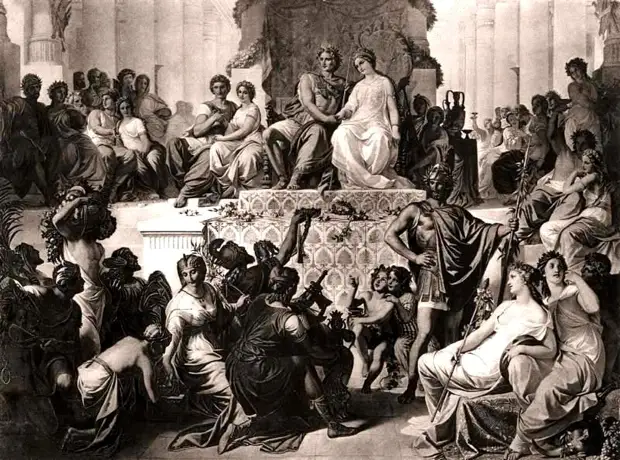 Свадьба в Сузах. Александр с женой в центре, Гефестион по его правую руку.jpg