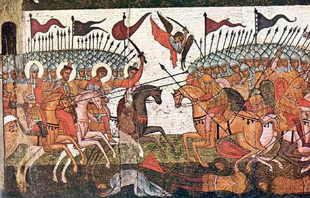 Битва новгородцев и суздальцев, фрагмент иконы. Источник: wikimedia.org