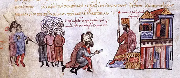 Пленные арабы перед византийским императором Романом III, миниатюра из Хроники Иоанна Скилицы