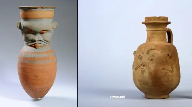 Древнеегипетские глиняные сосуды в форме Беса. Слева – 1539-1076 до н.э., справа – V век до н.э. Фото: Museo Egizio (Египетский музей в Турине)