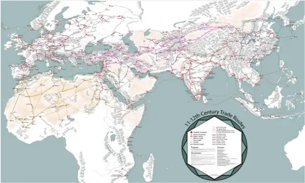 Карта средневековых торговых путей Европы, Азии и Африки