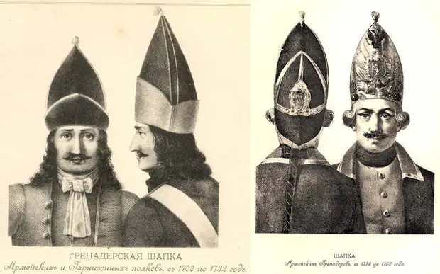 Шапки гренадерские, с 1700 по 1732 и с 1756 по 1762 гг.
