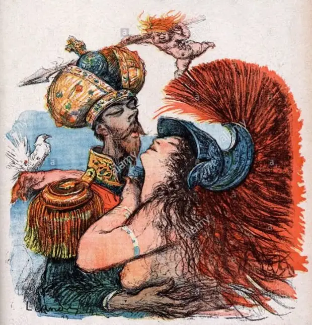 Карикатура начала 20 века, изображающая Николая II и персонификацию Франции, сливающихся в объятиях (Антанта?)