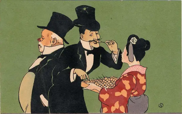 Серия японских шуточных открыток о двух мужчинах, которые выпили слишком много пива и съели слишком много конфет, 1900-е годы.