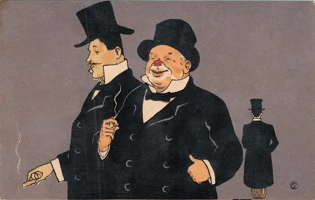 Серия японских шуточных открыток о двух мужчинах, которые выпили слишком много пива и съели слишком много конфет, 1900-е годы.