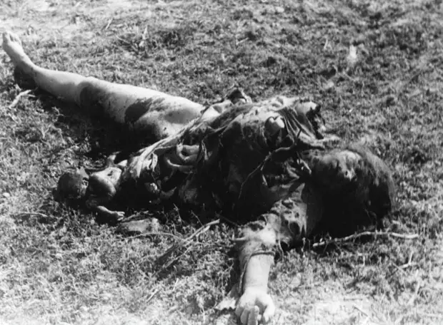 1941. Тело женщины и ее нерожденного ребенка, погибших в результате немецкой бомбардировки по советской колонне между Белостоком и Волковыском