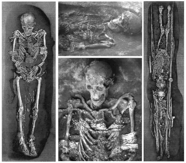 Слева и посередине: скелет мужчины Сунгирь-1. Справа: дети Сунгирь-2 (старший ребёнок, 12-14...