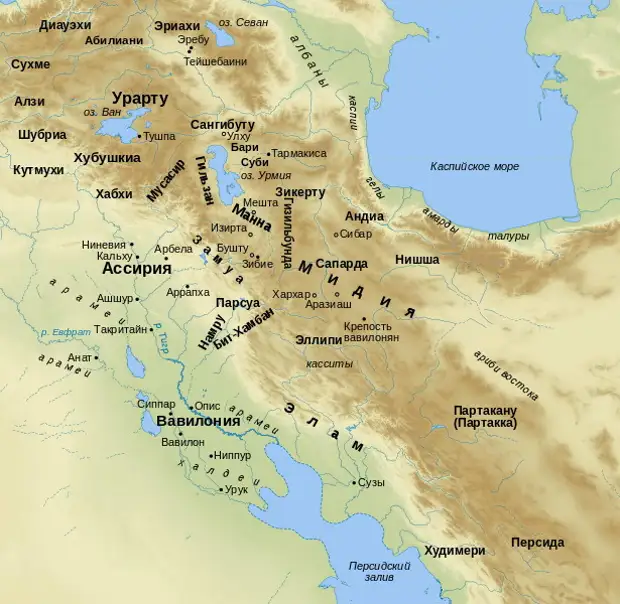 Карта Ассирии, Элама, Вавилонии, Мидии, Урарту и прилегающих государств