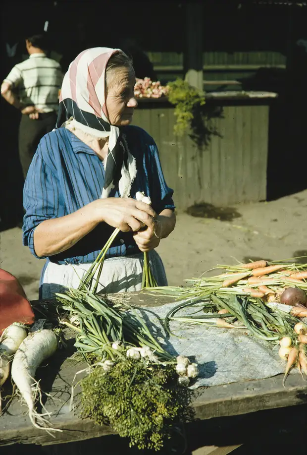 Russia, merchant selling vegetables at market. Siberia