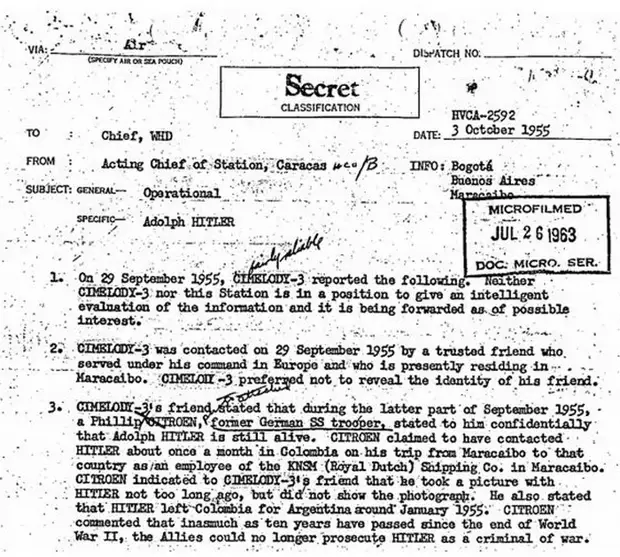 Секретное донесение в ЦРУ о том, что Адольф Гитлер «до сих пор жив». 1955 год.
