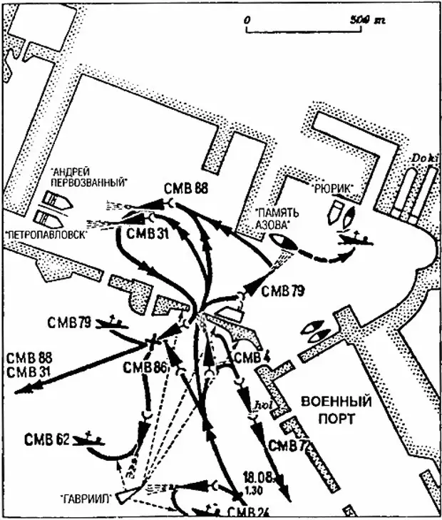 Схема атаки британских торпедных катеров на Кронштадт