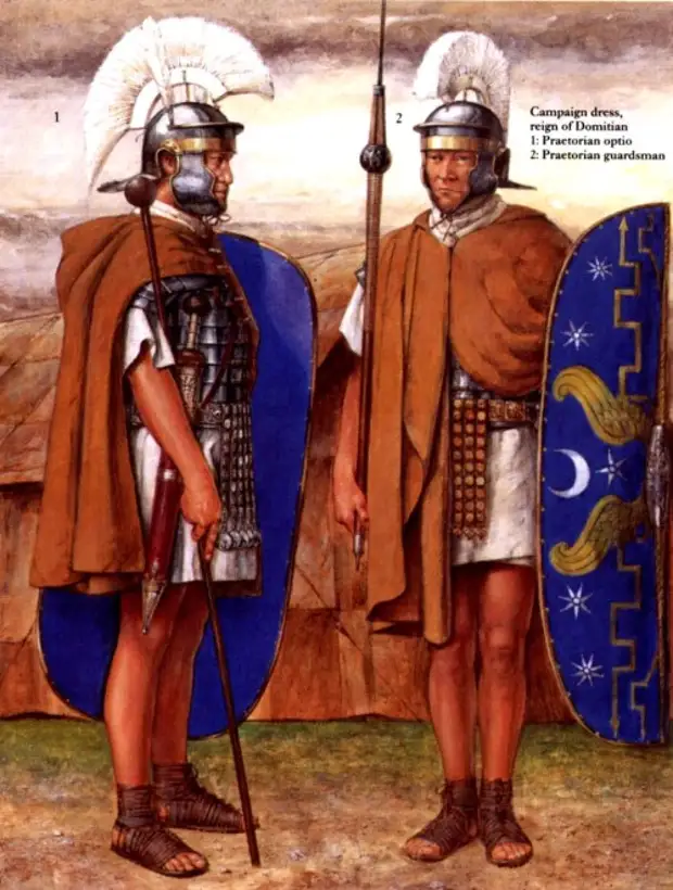 Полевая форма (правление Домициана): 1 - опций преторианской гвардии; 2 - преторианский гвардеец