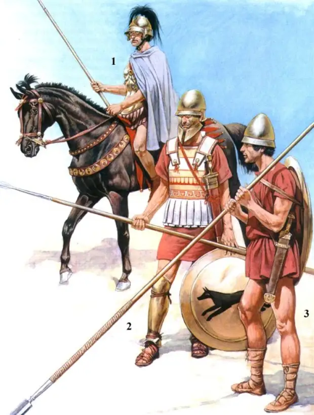 1 - всадник отряда гетайров (середина IV в. до н.э.); 2 - македонский гоплит первых шеренг фаланги (середина IV в. до н.э.); 3 - македонский гоплит задних шеренг фаланги (середина IV в. до н.э.).