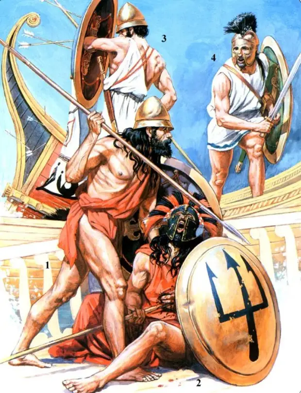 1 - пелопонесский гоплит (V в. до н.э.); 2 - мантинейский гоплит (V в. до н.э.); 3, 4 - афинские гоплиты периода последней Пеллопонесской войны.