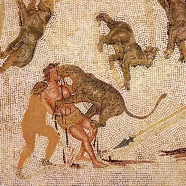 Травля дикими зверями на римской мозаике III в. н.э.