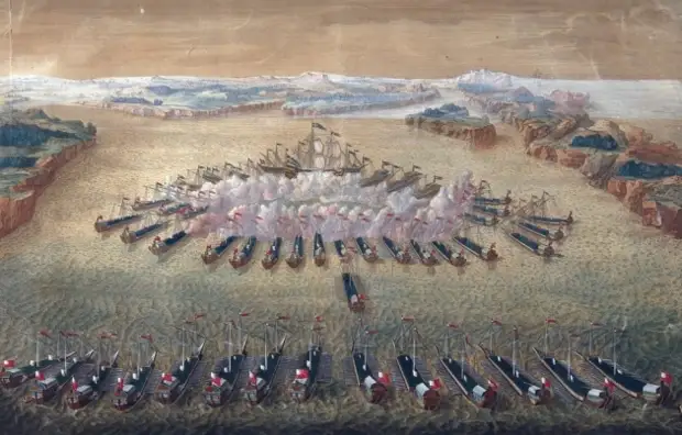 Гангутское сражение. Гравюра Маврикия Бакуа. 1724—1727