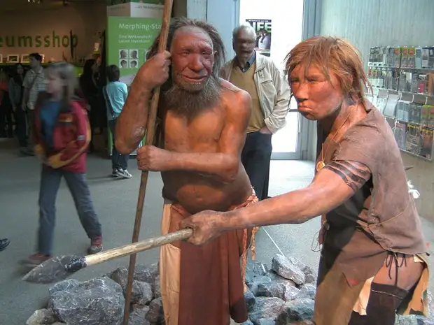 Реконструкция неандертальцев. Неандерталь, Дюссельдорф, Германия. Фото: UNiesert / Wikimedia Commons / CC BY-SA 3.0.