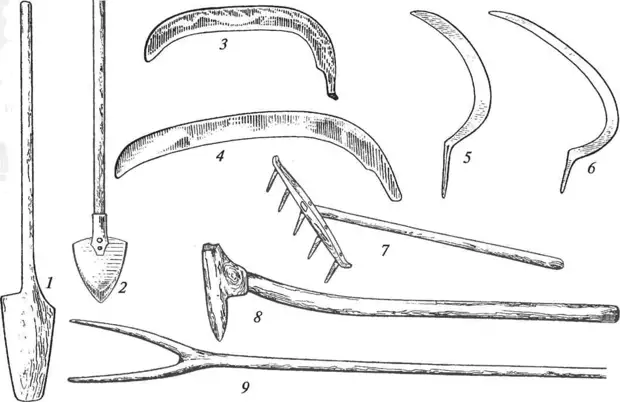Ручные земледельческие орудия: 1 — лопата цельнодеревянная; 2 — лопата с железной лопастью; 3 — коса северного типа; 4 — коса южного типа; 5 — серп северного типа; 6 — серп южного типа; 7 — грабли; 8 — мотыга; 9 — вилы