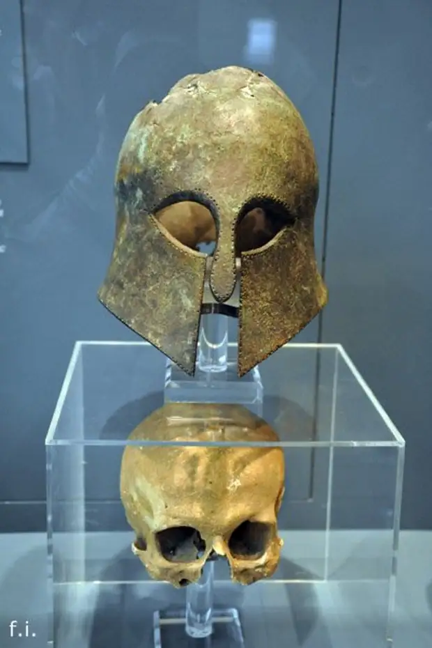 Corinthian helmet from the Battle of Marathon (490 BC) found in 1834 (with the skull inside)