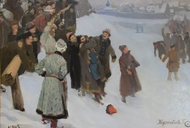 Б. Кустодиев. Кулачный бой на Москва-реке, 1897