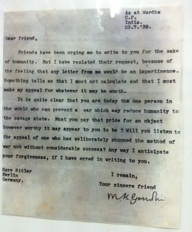 Письмо Ганди Гитлеру, 23/7/1939  интересно, история, фото