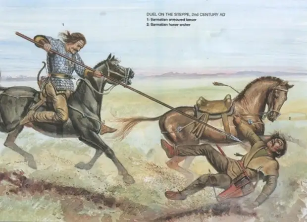 Поединок в степи (II в. н.э.): 1 - сарматский тяжело вооруженный конный копейщик; 2 - сарматский конный лучник
