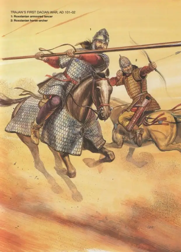 Первая война Траяна с даками (101-102 г. н.э.): 1 - роксоланский тяжело вооруженный конный копейщик; 2 - роксоланский конный лучник