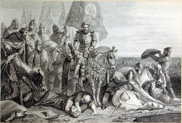 Дмитрий Донской, сопровождаемый князьями и боярами, объезжает Куликово поле после битвы 8 сентября 1380 года.  / гравюра предположительно Бориса Чорикова (1802–1866)
