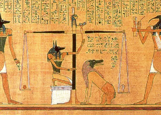 Анубис взвешивает сердце умершего — традиционный сюжет папирусов из древнеегипетской «Книги мертвых».