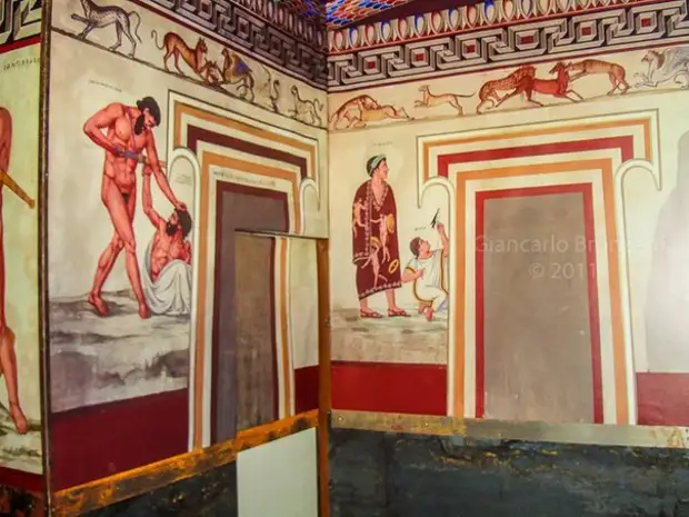 Реконструкция фресок из гробницы "Франсуа". Этрусский некрополь Вульчи. ок. IV в. до н.э.