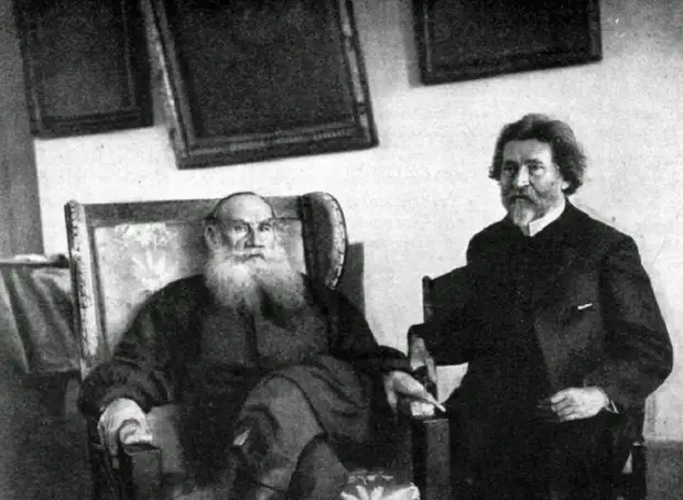 Лев Толстой и Илья Репин в Ясной Поляне, 1907 год.