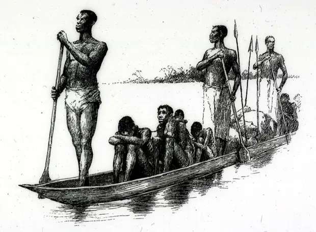 Захваченные африканцы, которых перевозят на каноэ (Конго, 1880-е годы)