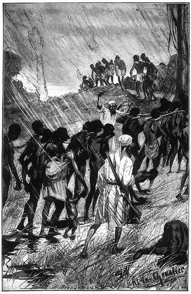 Колонна рабов, движущаяся под проливным дождем (Центральная Африка, 1880-е годы)
