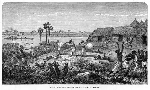 Арабские работорговцы атакуют село в целях пленения большинства его жителей (Восточная Африка, 1871 год)