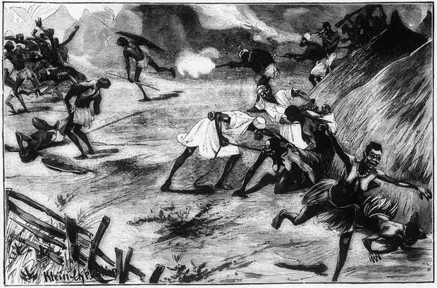 Арабские работорговцы осуществляют нападение на африканскую деревню (Конго, 1880-е годы)