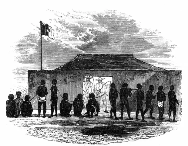 Пригнанные рабы и белые работорговцы (Дагомея, 1850 год)