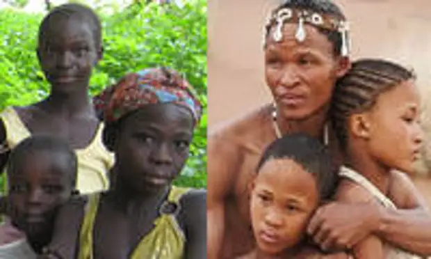 Слева – негры из Камеруна. Справа – бушмены. 										Источники: 										http://joshuaproject.net/people_groups/ 										13560/CM, 										https://www.pinterest.com/leannecake11/ 										khoisan-tribemy-ancestors/