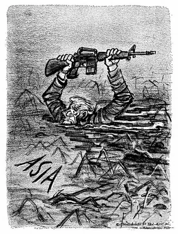 Американский дядя Сэм с винтовкой в руках глубоко завяз в азиатском болоте (Herblock)