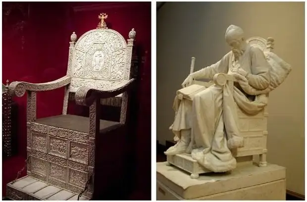 Слева: костяной трон в Оружейной палате; справа: М. Антокольский. "Иван Грозный". Фото: Wikimedia Commons (cc)