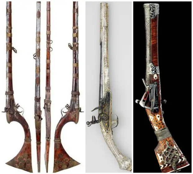 Индийский (Синд) фитильное ружье, 18-го века; Османский кремневый пистолет, 18-го века; Персидский (Каджаров) мушкетон, в начале 19-го века искусство, огнестрел, оружие, старинное