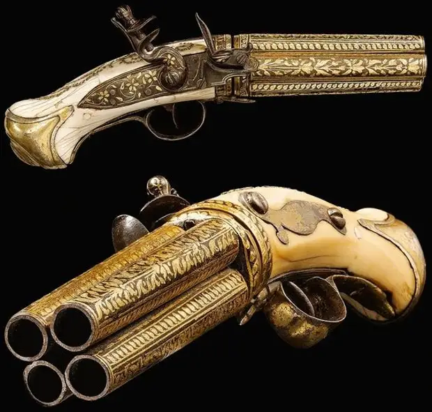 Индо-персидской кремневый пистолет, 19-го века, на 4 ствола искусство, огнестрел, оружие, старинное