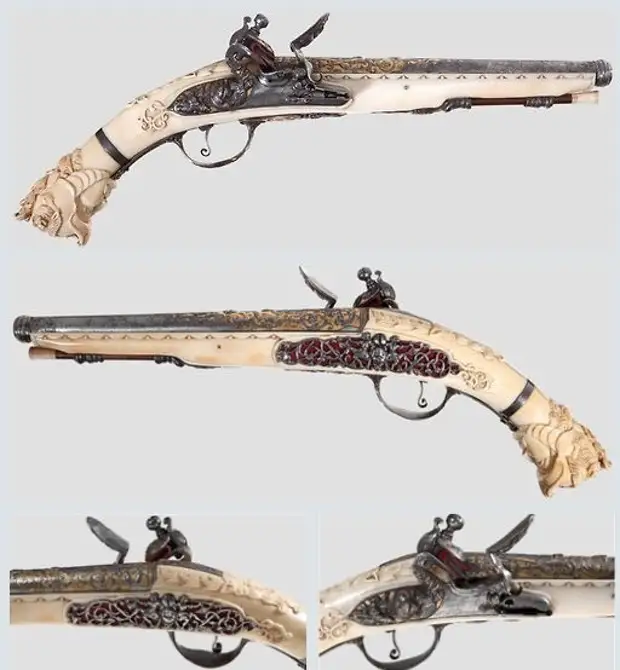 Кремневый пистолет с богатой резьбой из слоновой кости, конец 17-го века. искусство, огнестрел, оружие, старинное